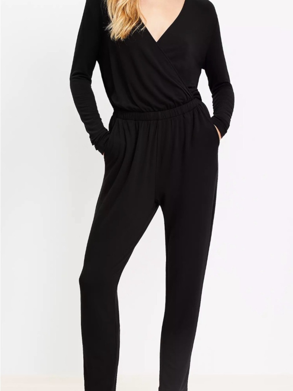 Lou & Grey Black Long-Sleeve Wrap-Front Jumpsuit